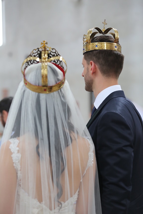 christianity, church, crown, tradition, wedding, groom, bride, dress, veil, woman