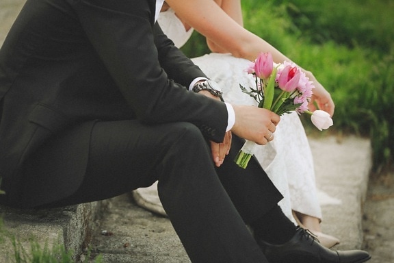 Blumenstrauß, Bräutigam, Frau, Ehe, Braut, paar, Engagement, Liebe, Hochzeit, Menschen