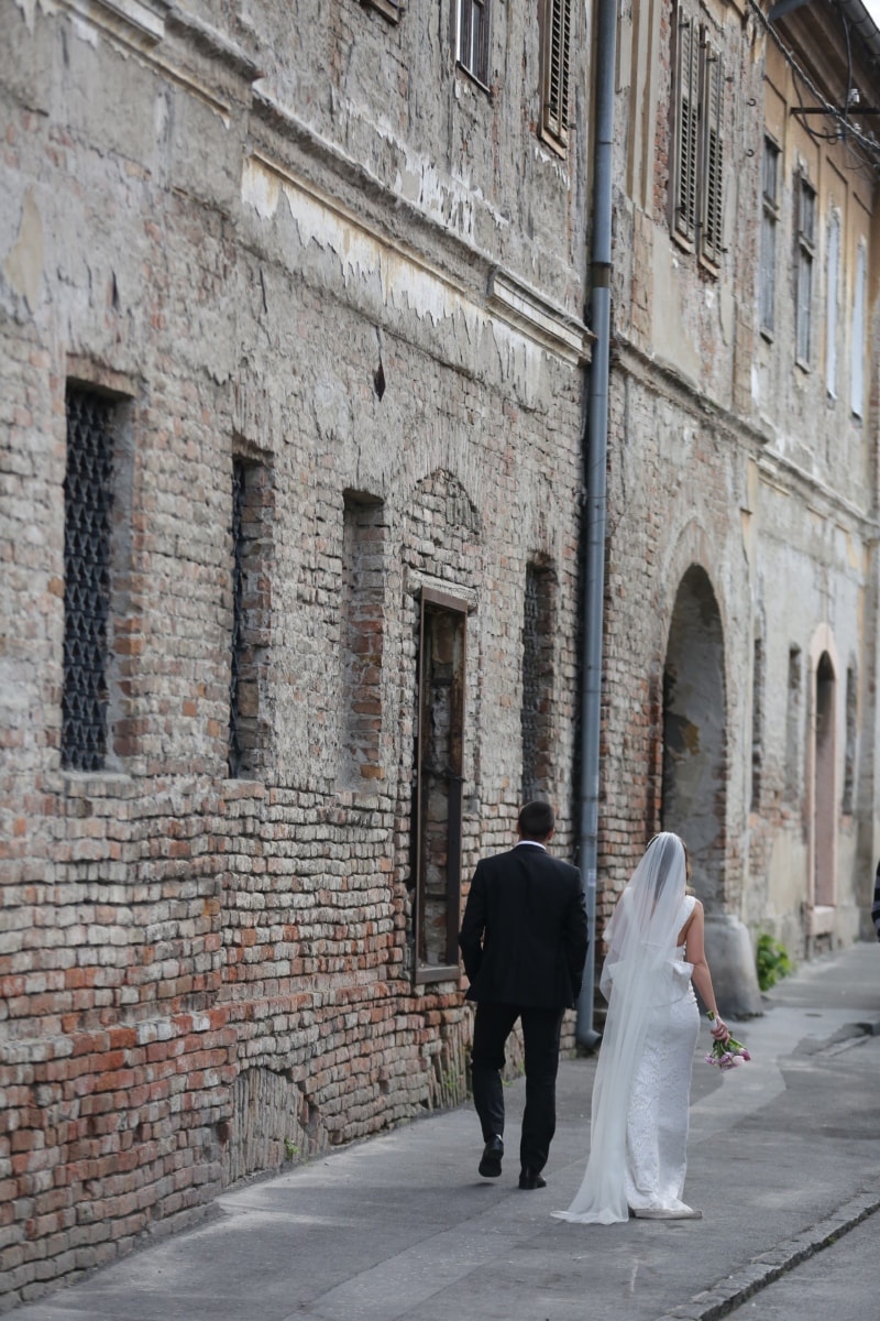 bricks, bride, groom, happiness, street, walking, wall, stone, architecture, building