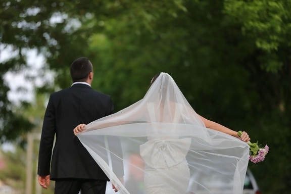 dress, happiness, happy, husband, veil, wife, bride, wedding, outdoors, groom
