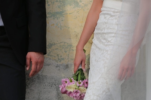 bride, dress, groom, hands, man, romantic, suit, veil, wedding, young woman
