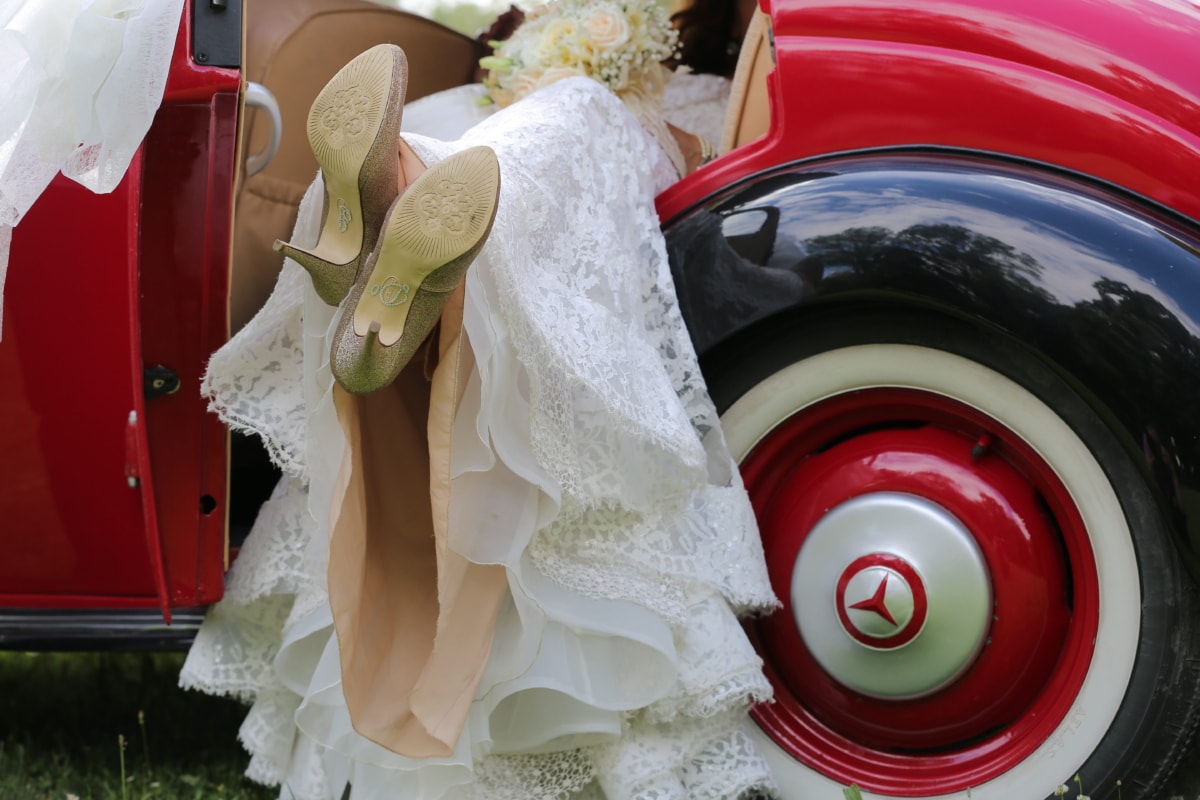 bride, car, car seat, dress, elegance, heels, oldtimer, sedan, shoes, wedding