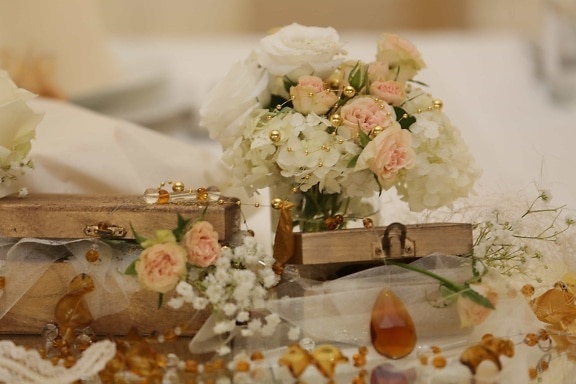 kytice, krabice, dekorace, uspořádání, svatba, uvnitř, tradiční, láska, zátiší, luxusní