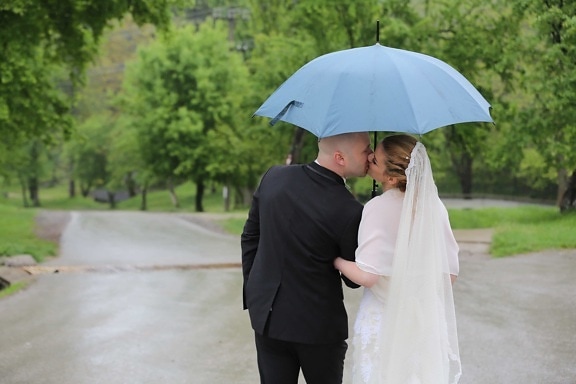 bride, groom, hug, kiss, marriage, road, togetherness, umbrella, wedding, love