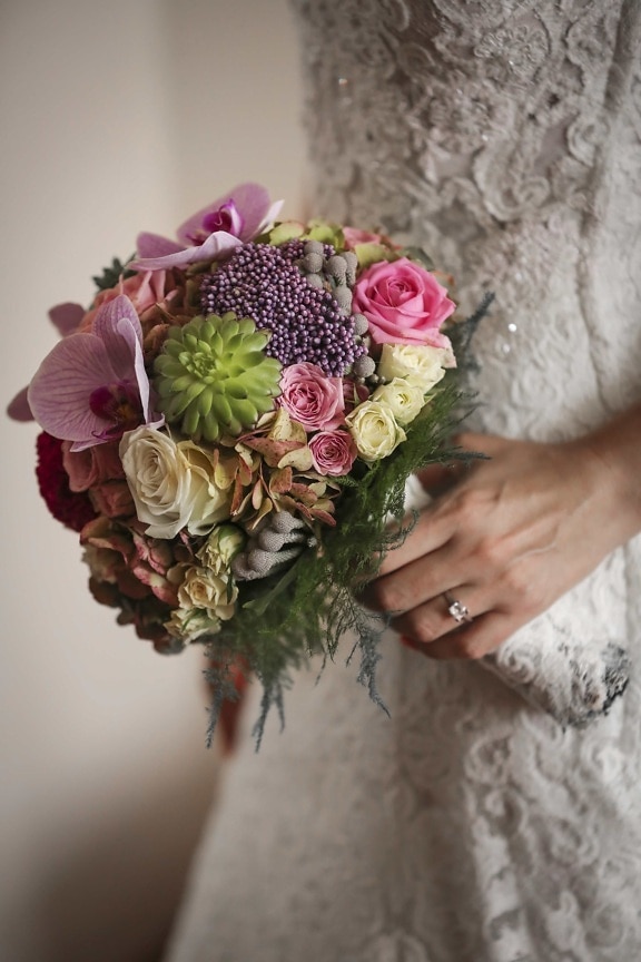 kytice, dekorace, šaty, elegance, ruka, manželství, svatba, snubní prsten, manželka, uspořádání