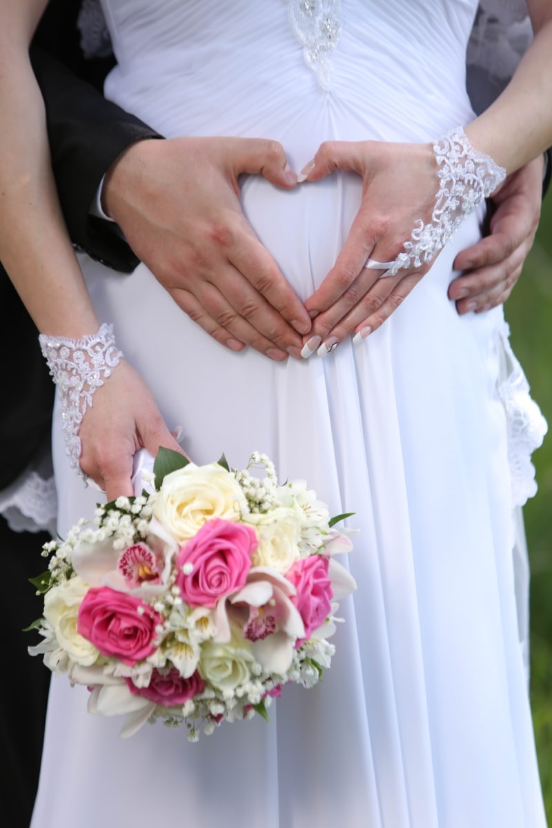 bruid, bruidegom, liefde, huwelijk, zwangerschap, bruiloft, regeling, boeket, betrokkenheid, romantiek