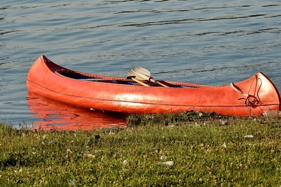 canoa, canoa, Paddle, rosso, barca di fiume, Riva del fiume, Calzature, barca, kayak, acqua