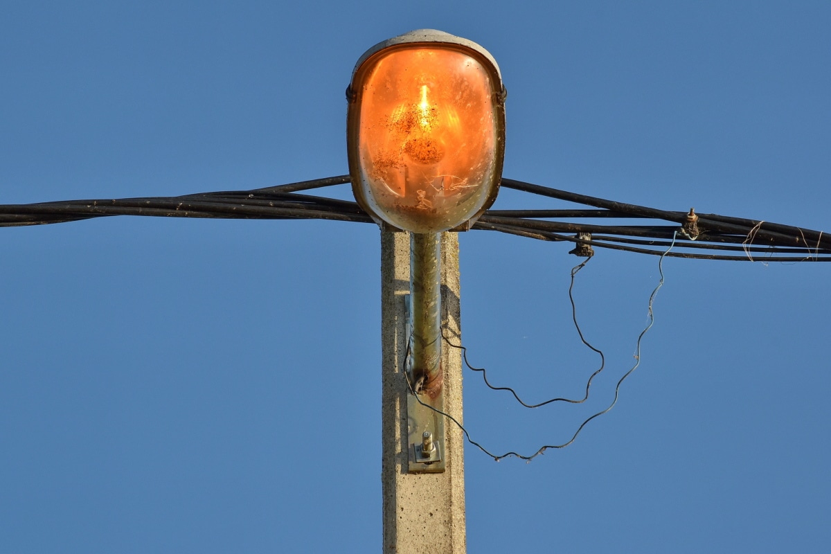 electricity, light bulb, transmission, voltage, wires, outdoors, bird, hanging, light, blue sky