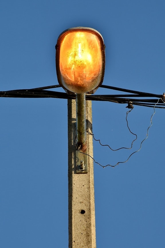 electricity, light, light bulb, metallic, outdoor, technology, voltage, wire, wires, concrete