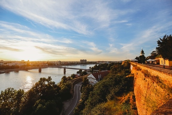 aeriene, Podul, peisajul urban, fluviul Dunarea, Serbia, atracţie turistică, peisaj, apa, apus de soare, Râul