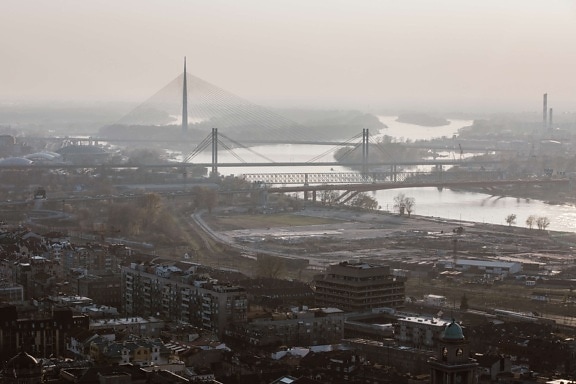 chụp từ trên không, cầu, tòa nhà, cảnh quan thành phố, bờ sông, Đại dương, Pier, nước, thiết bị, thành phố