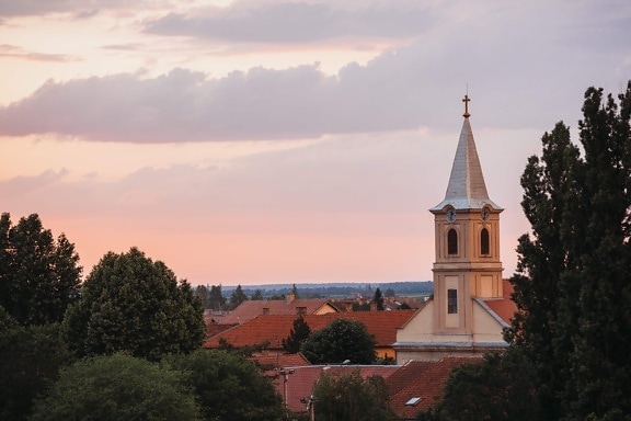 aerial, catholic, church, church tower, clouds, sunset, trees, architecture, old, monastery