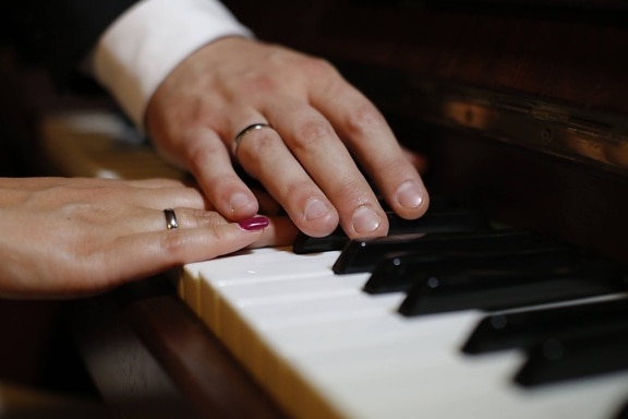 hænder, romantisk, touch, vielsesring, musik, hånd, tastatur, elfenben, musiker, pianist