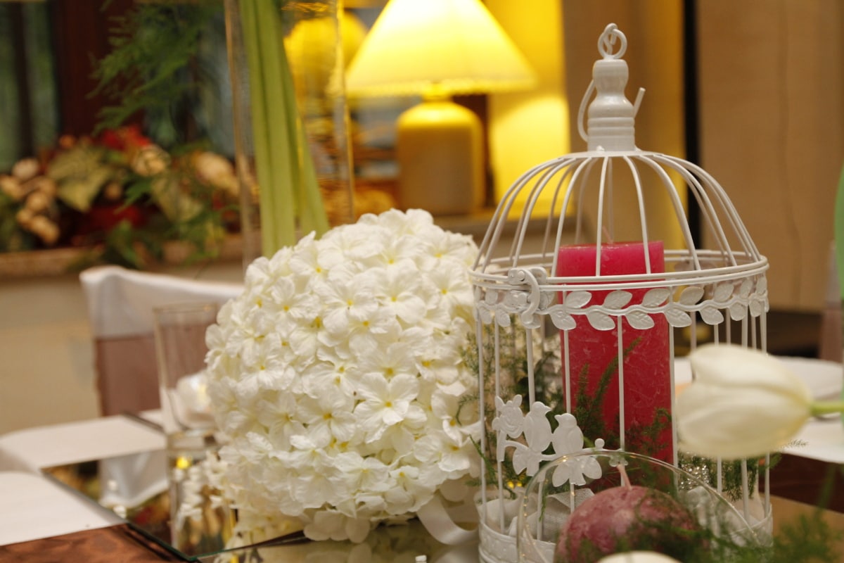 karangan bunga, kandang, lilin, keanggunan, lampu, mewah, romantis, desain interior, bunga, pernikahan