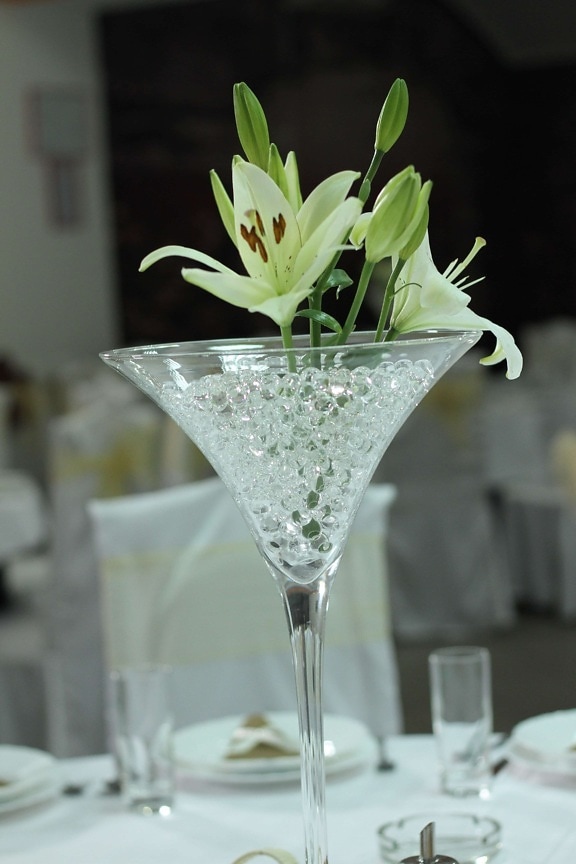 decoration, elegance, glass, lily, white flower, liquid, elegant, luxury, dining, flower
