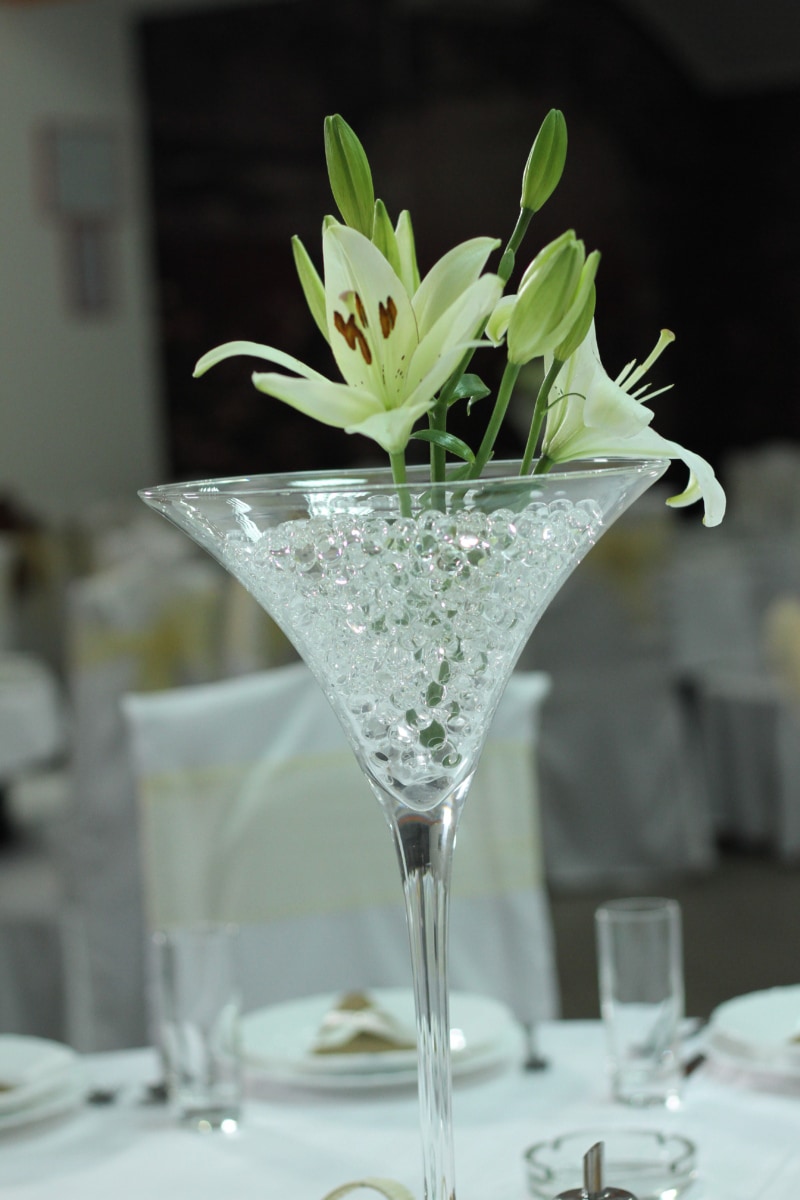 decoratie, elegantie, glas, lelie, witte bloem, vloeistof, elegante, luxe, dineren, bloem