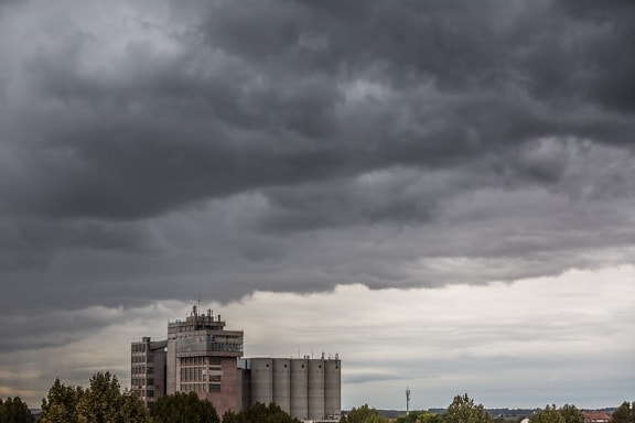 bad weather, buildings, cloudy, distance, silo, urban, architecture, building, skyline, storm