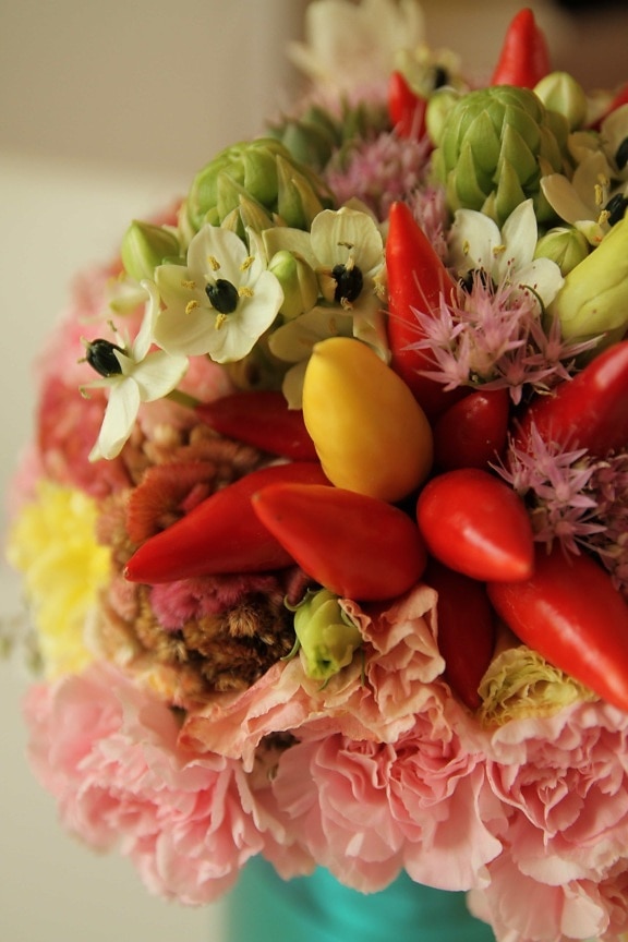 colorful, flower bud, interior decoration, vase, vegetables, bouquet, fresh, arrangement, decoration, leaf