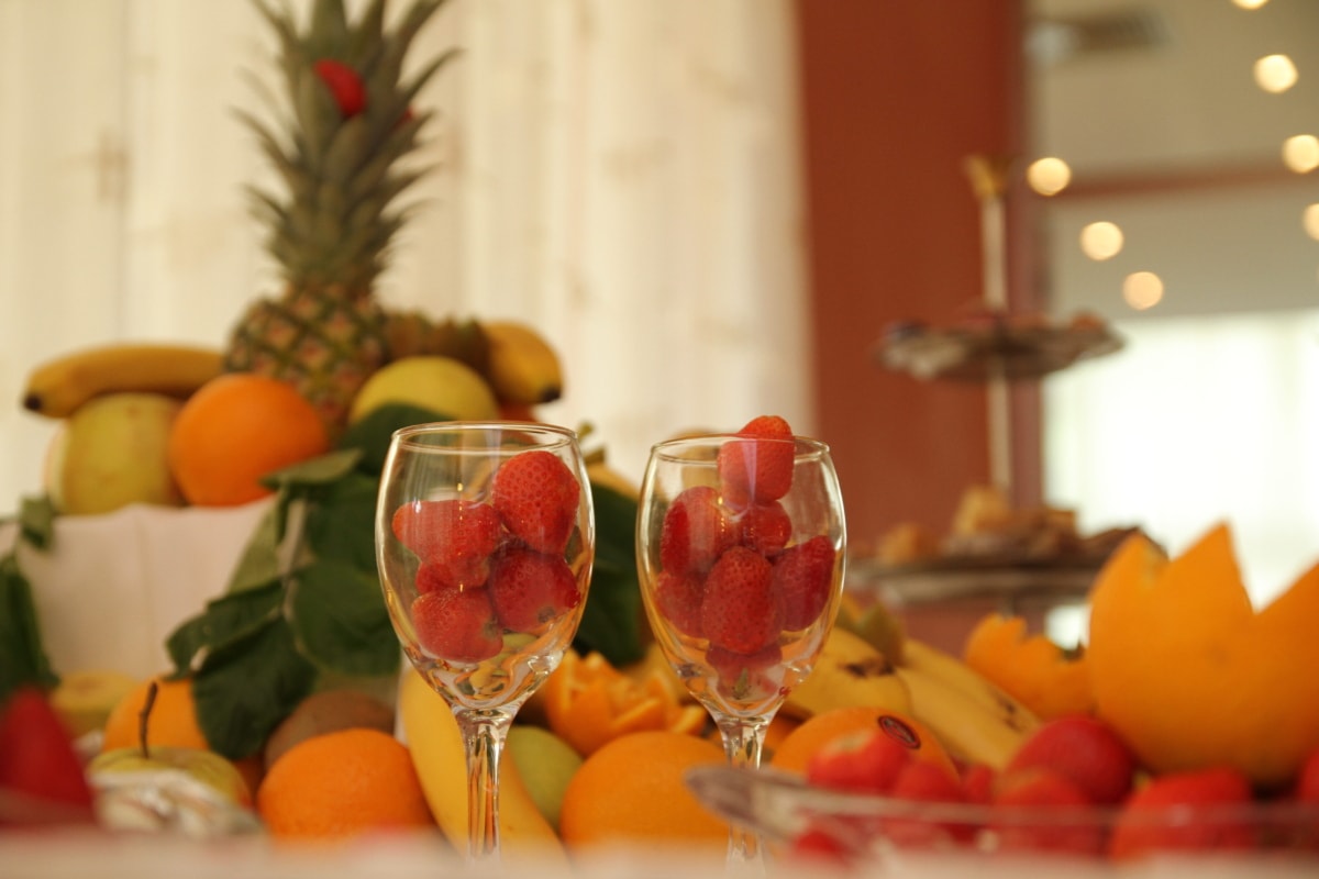 φρούτα, φράουλες, τροπικά, γυαλί, κόμμα, γιορτή, γυαλιά, τροφίμων, εστιατόριο, γαρνιτούρα