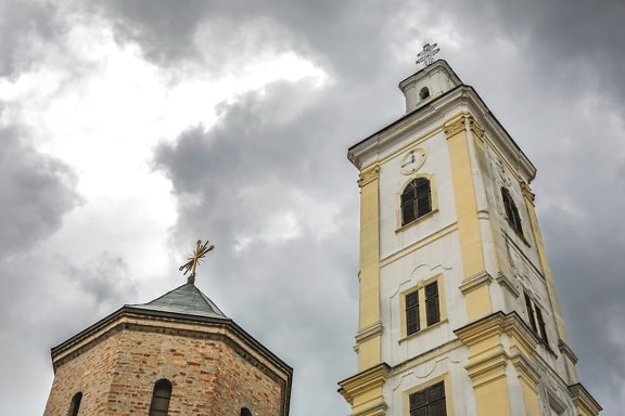 analog clock, angle, bad weather, church tower, clouds, perspective, cathedral, church, bell, monastery