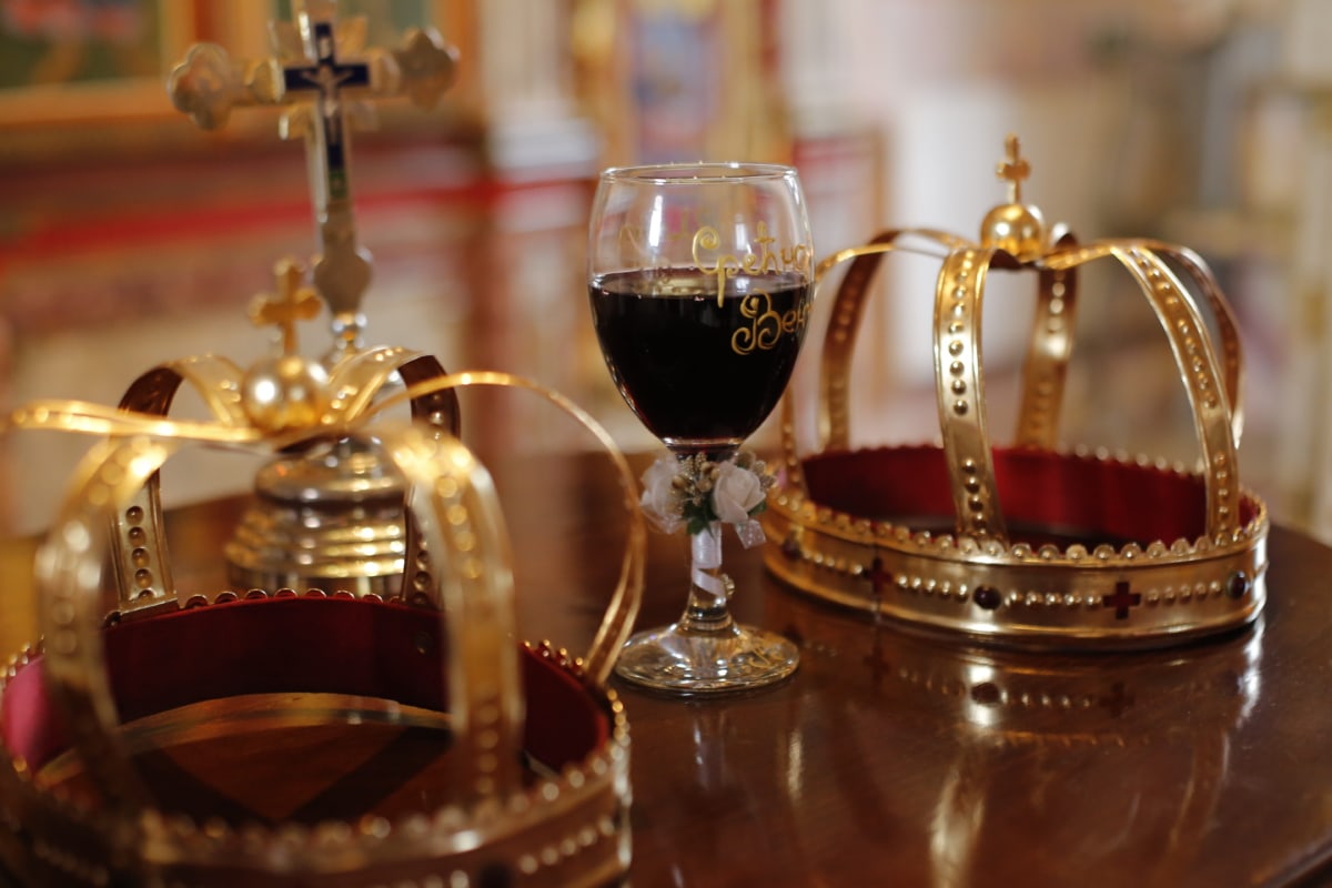 ceremony, church, cross, crown, event, orthodox, red wine, wedding, party, drink