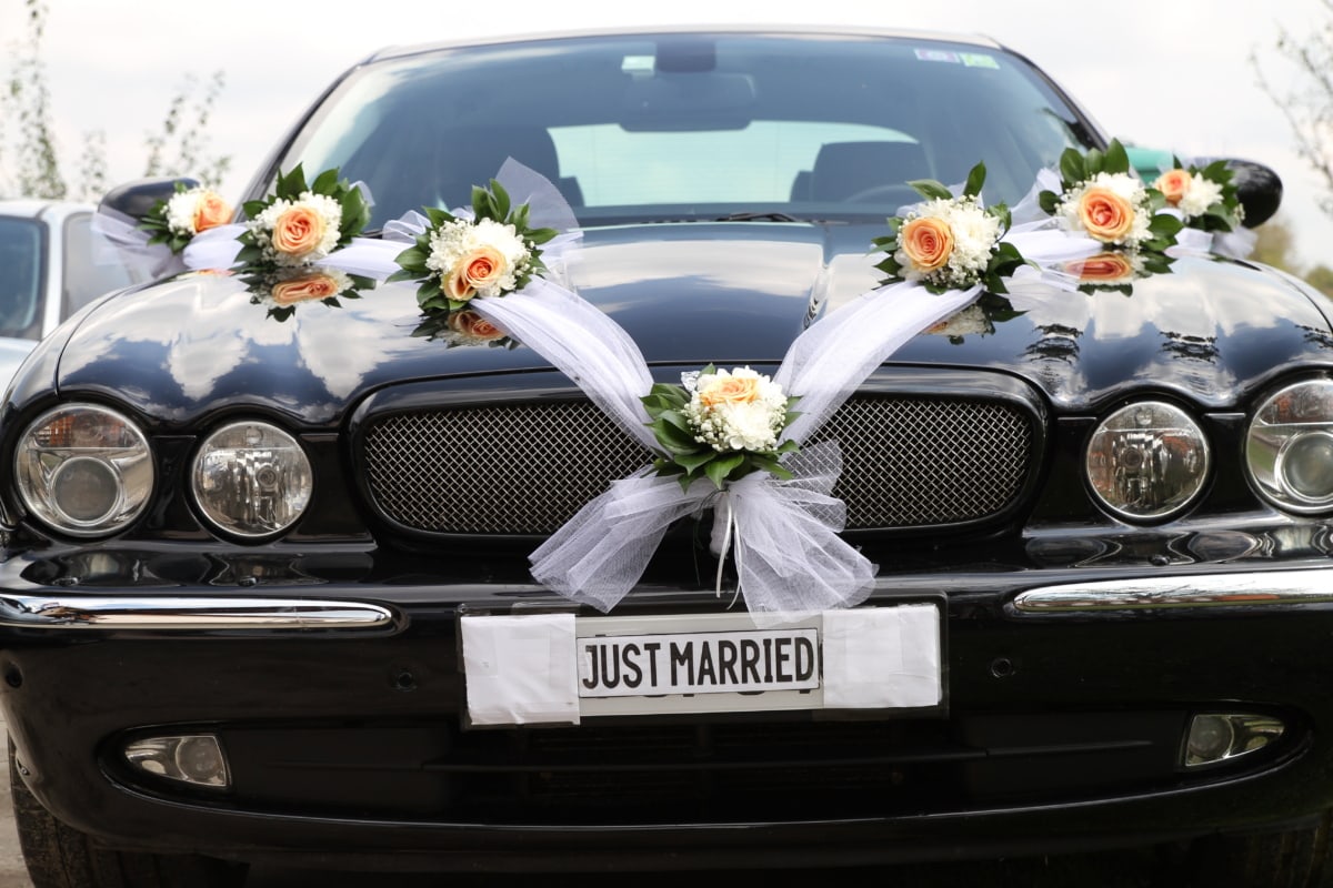 decoration, sedan, wedding, windshield, classic, chrome, grille, automobile, vehicle, hood