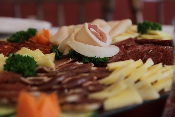 cheese, dining area, garnish, lunchroom, salami, sausage, lunch, delicious, appetizer, dinner