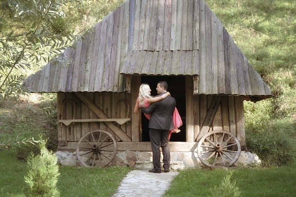bride, bungalow, groom, nostalgia, romantic, rural, village, barn, wood, people