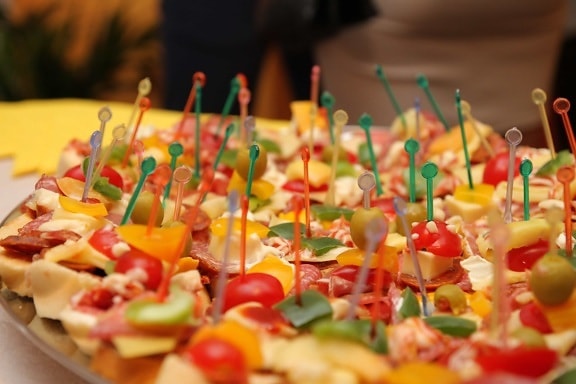 banquet, colorful, diet, dining area, dinner, lunchroom, olive, salami, sausage, sticks