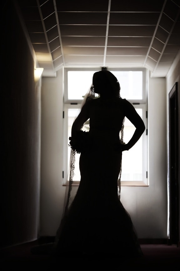 la mariée, sombre, ténèbres, robe, modèle photo, Jolie fille, ombre, silhouette, voile, noir