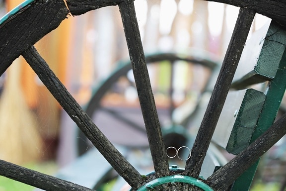 bench, wedding ring, wheels, metal, object, carpentry, dark green, daylight, green, handmade
