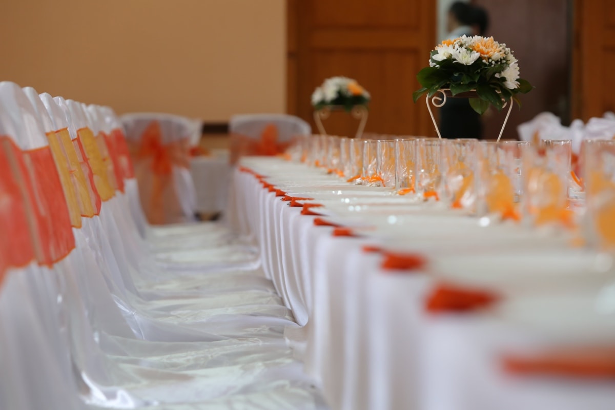 banquet, ceremony, decoration, dining area, furniture, glasses, glassware, interior decoration, lunchroom, wedding