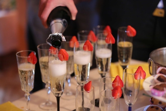 юбилей, бутылка, празднование, Церемония, Шампанское, кристалл, очки, ресторан, тост, белое вино
