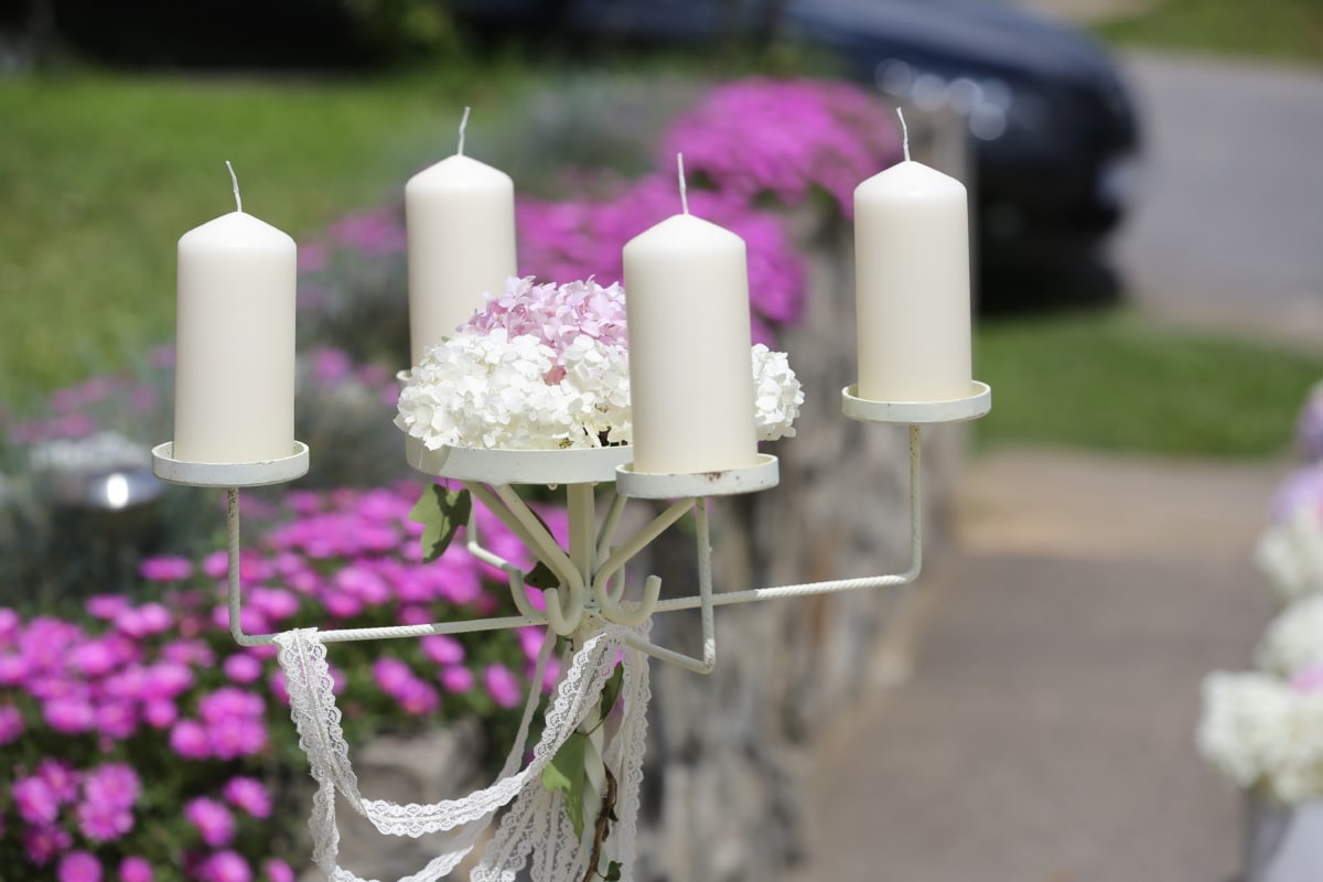 candle, candlestick, ceremony, decoration, flower garden, romantic, white, candles, aromatherapy, outdoor