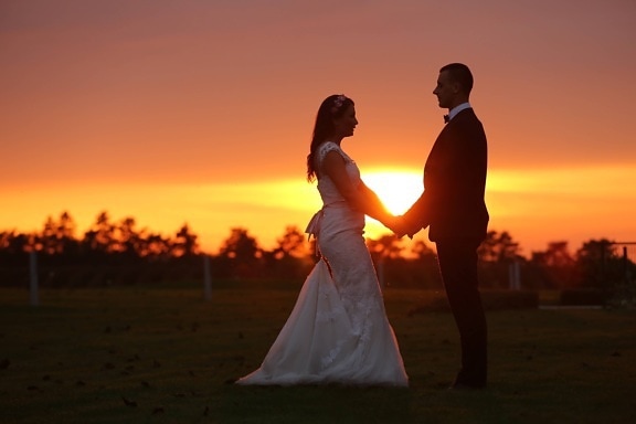 groom, sunset, dress, romance, bride, wedding, dawn, love, dusk, silhouette