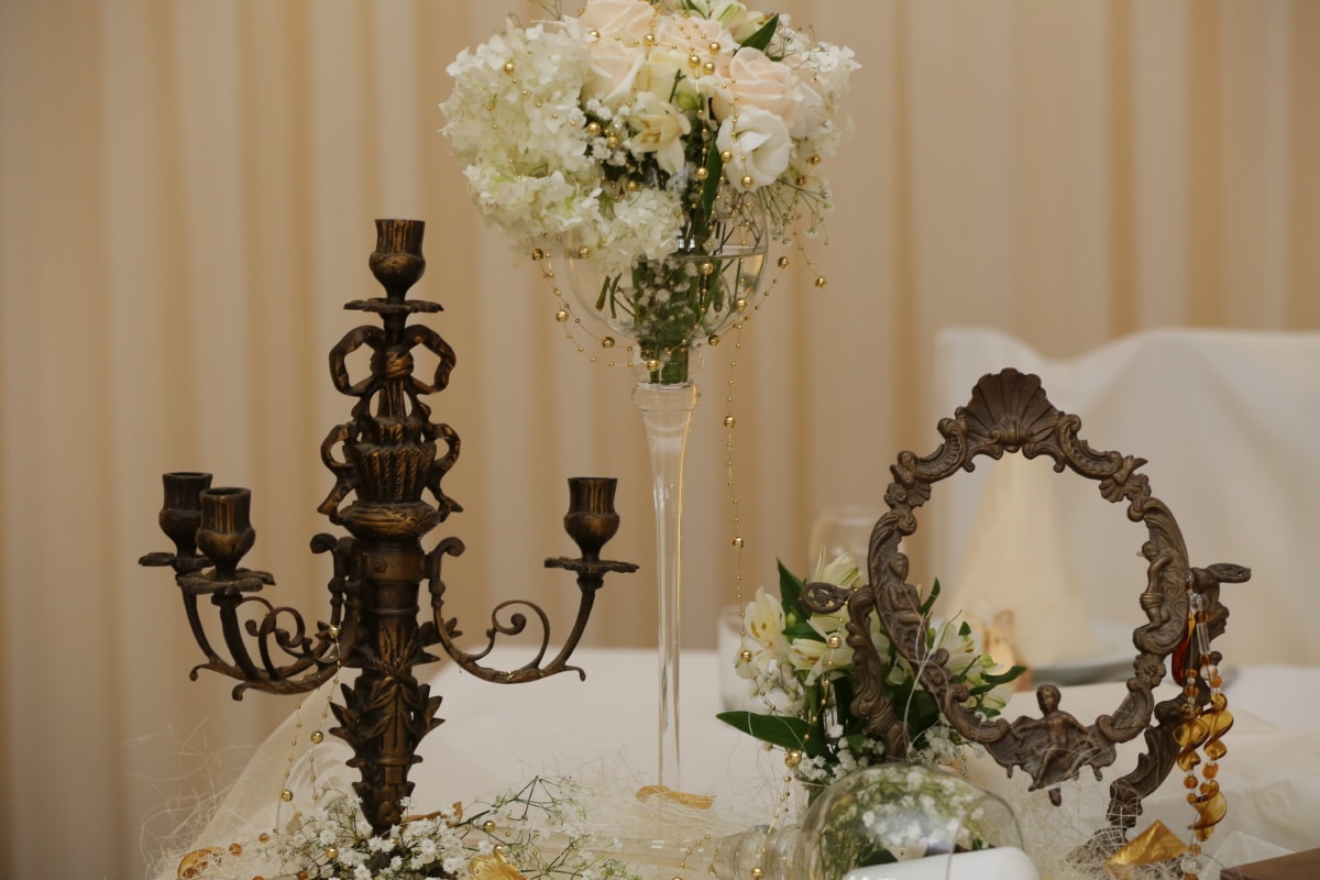 Blumenstrauß, Kerzen, Luxus, Spiegel, romantische, Seide, Tischdecke, Vase, Blumen, Blume
