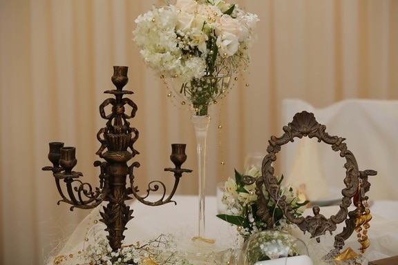 bouquet, candlestick, luxury, mirror, romantic, silk, tablecloth, vase, flowers, flower