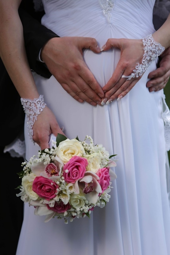 bouquet, bride, hands, happiness, heart, husband, love, pregnancy, pregnant, wife