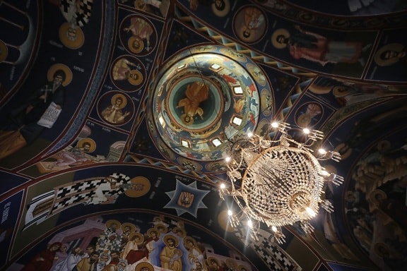 ceiling, chandelier, church, fine arts, monastery, orthodox, religion, art, cathedral, painting