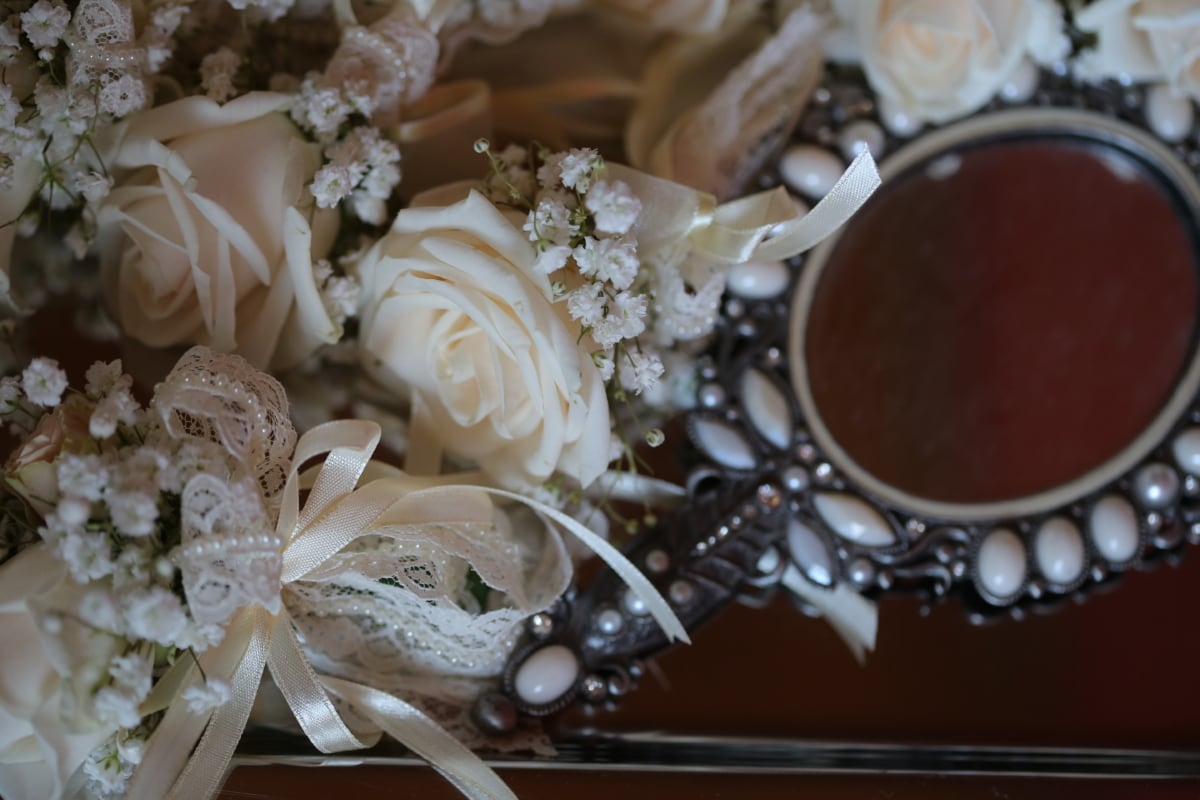 baroque, miroir, ruban, des roses, mariage, fleur blanche, bouquet, fleur, amour, mariage