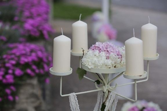bougies, fer de fonte, cérémonie, fleurs, objet, blanc, bougie, fleur, mariage, aux chandelles