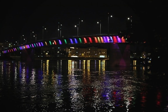 puente, paisaje urbano, colorido, Centro de la ciudad, bombilla de luz, noche, onda, agua, reflexión, ciudad