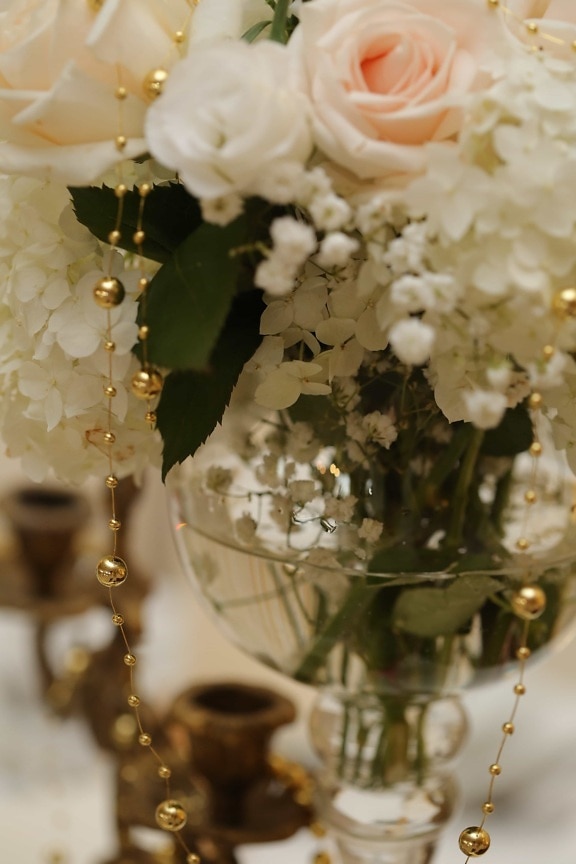 elegance, golden glow, green leaves, romance, vase, water, white flower, rose, wedding, chandelier