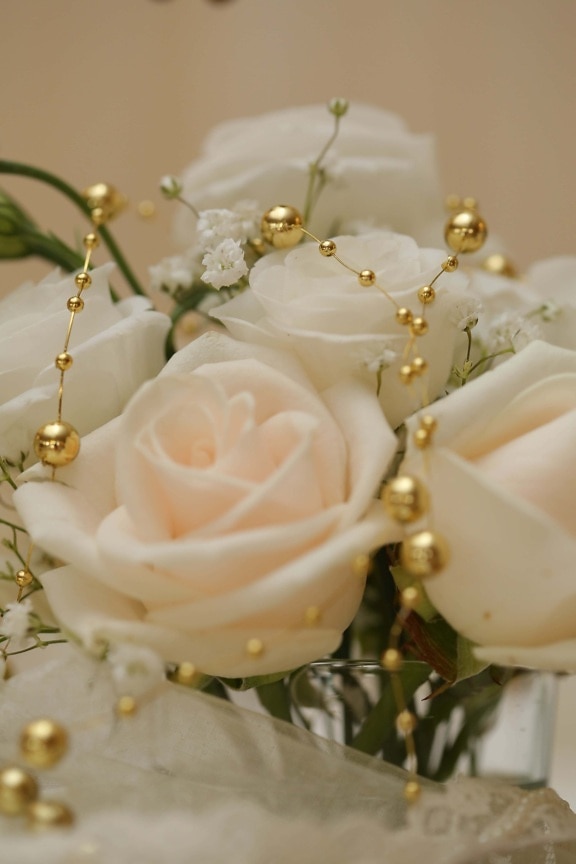 Perline, bouquet, decorazione, bagliore dorato, gioielli, bouquet da sposa, fiore, romanza, rosa, lusso