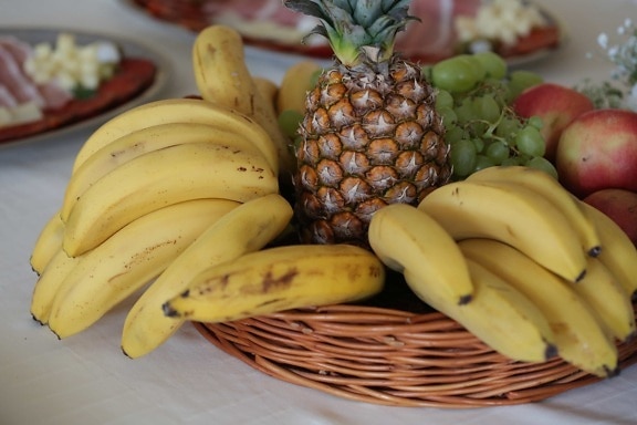 banane, zona de luat masa, bufet, ananas, fata de masa, coş de răchită, fructe, alimente, produc, proaspete