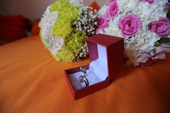 bed, bedroom, blanket, box, wedding bouquet, wedding ring, decoration, love, bouquet, wedding