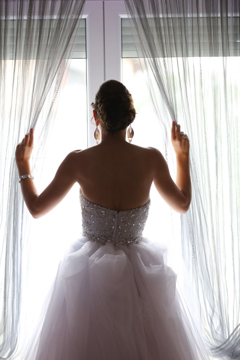 窗帘, 发型, 珠宝, 女士, 裙子, 婚礼, 婚纱, 窗口, 新娘, 穿衣服