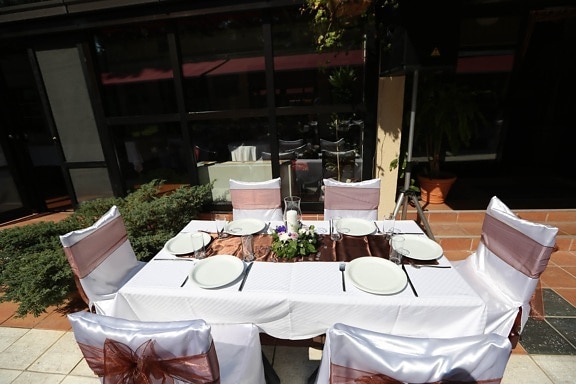 vela, cadeiras, cutelaria, decorativos, mesa, almoço, restaurante, tabela, para banquetes, refeição