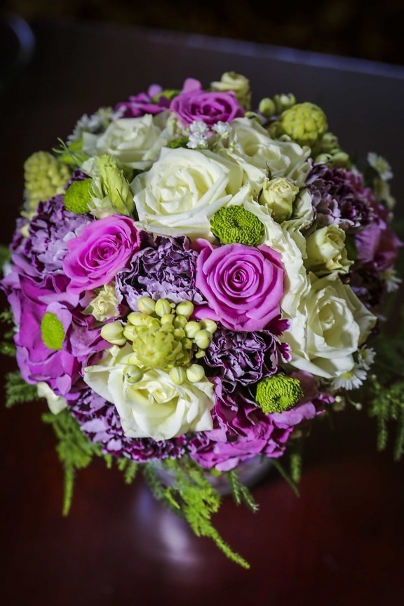 束, 丰富多彩, 柔和, 粉红色, 紫色, 玫瑰, 婚礼花束, 上升, 安排, 装饰