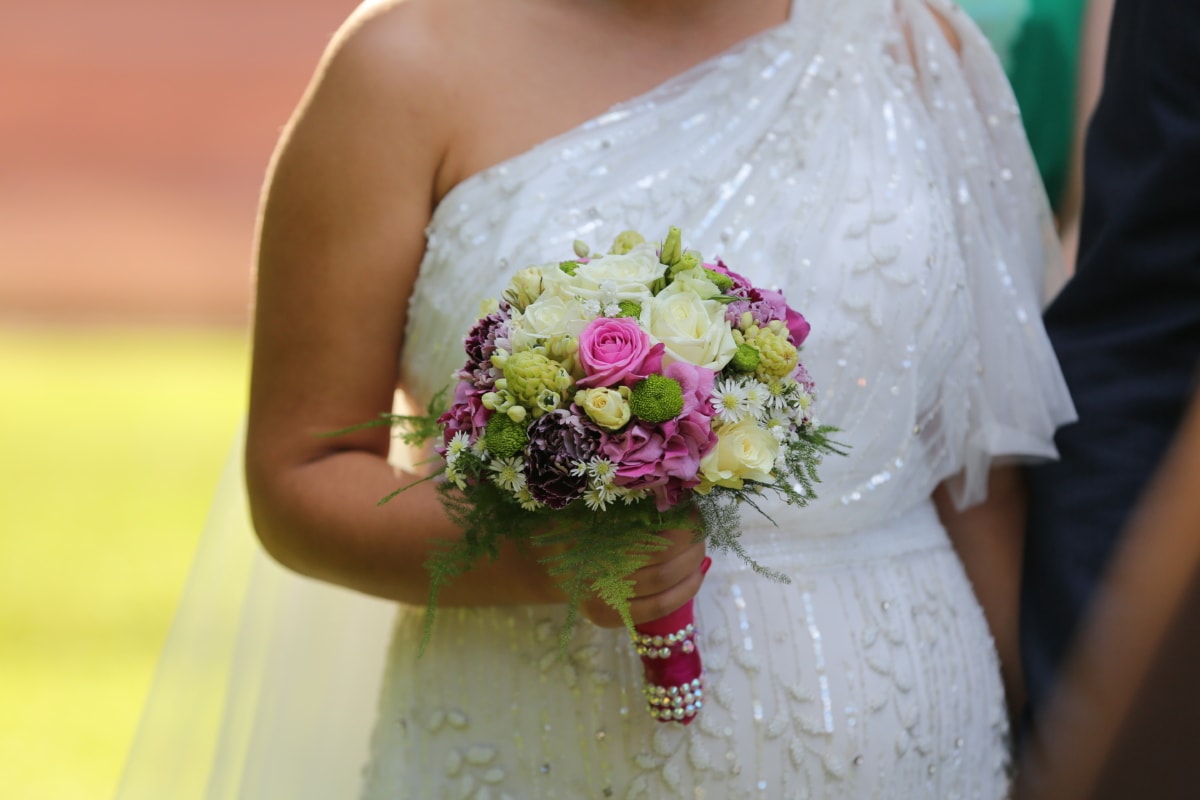 mooie, ceremonie, dichtbij, jurk, hand, sluier, bruiloft, bruidsboeket, trouwjurk, decoratie